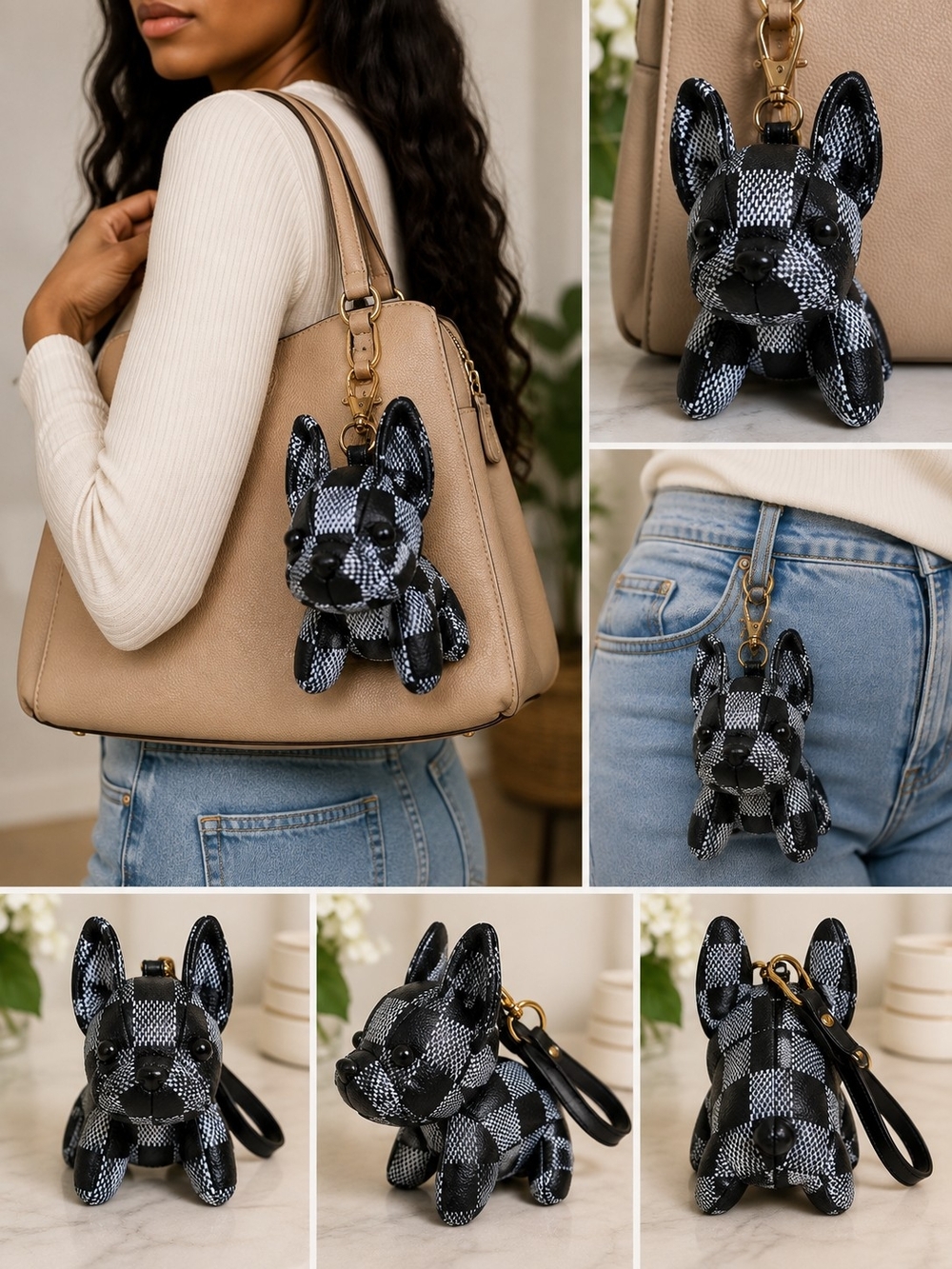 Black & White Plaid French Bulldog Bag Charm 🐾